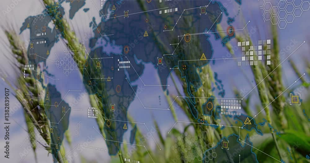 Poster world map and data processing animation over agricultural field with wheat