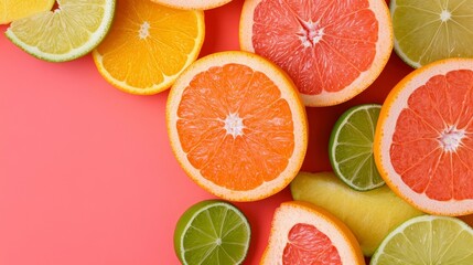 Fototapeta premium Fresh Citrus Fruits on Pink Background for Bright and Zesty Juice Composition