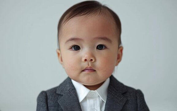 A baby wearing a suit and tie is looking at the camera. Concept of formality and seriousness, as the baby is dressed in a suit and tie, which is not a common attire for a young child