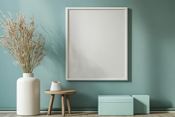 Empty frame, teal wall, wooden stool, vase, dried flowers