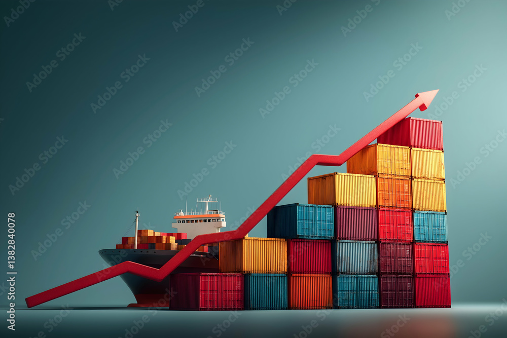 Poster a stylized image showing a ship beside colorful shipping containers stacked in a rising bar graph, s