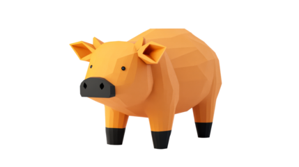 Low poly cute pig standing, farm animal design, polygonal art, cut out transparent