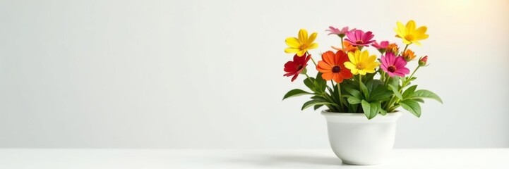 Fototapeta premium Colorful flowers and leaves in an empty small pot on a minimalist white background with slight warm glow, foliage, delicate