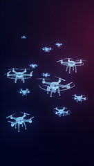 Group of flying drones Futuristic Robot Technology Machine Automation Industry Digital virtual cyberspace backdrop