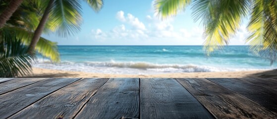 Serene tropical beach scene with turquoise ocean palm trees and rustic wooden table for product display or summer vacation background