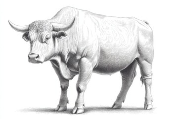 Fototapeta premium Majestic Bull Engraving: Detailed Line Art of a Powerful Bovine Creature in Vintage Style