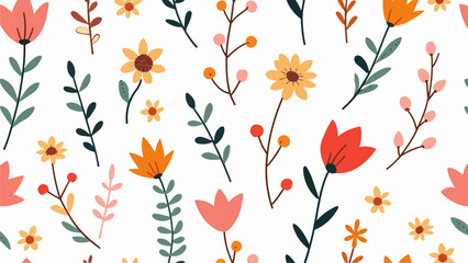 Seamless pattern with tulips, Flowers and branches in Scandinavian style