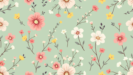 Seamless pattern with flowers, Hand drawn Flowers and branches in Scandinavian style