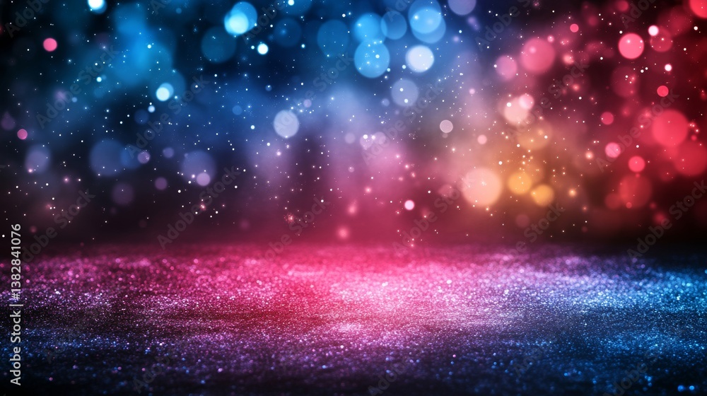 Poster a broadcasting studio with an abstract background featuring pink and blue hues, illuminated by a gra