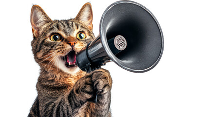 Tabby cat screaming into megaphone, announcement, bullhorn, pet, cut out transparent