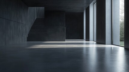 Obraz premium A deep, moody interior with dark gray walls and a minimalist concrete floor, perfect for creative use.