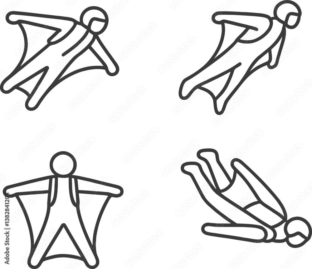 Poster vector illustration of line icons depicting a person wearing a cape in dynamic flying positions illu