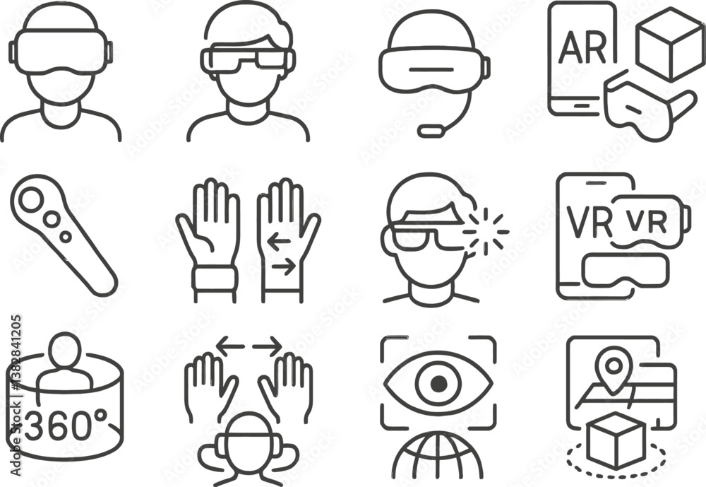 Poster vector illustration of line icons depicting virtual and augmented reality concepts and accessories