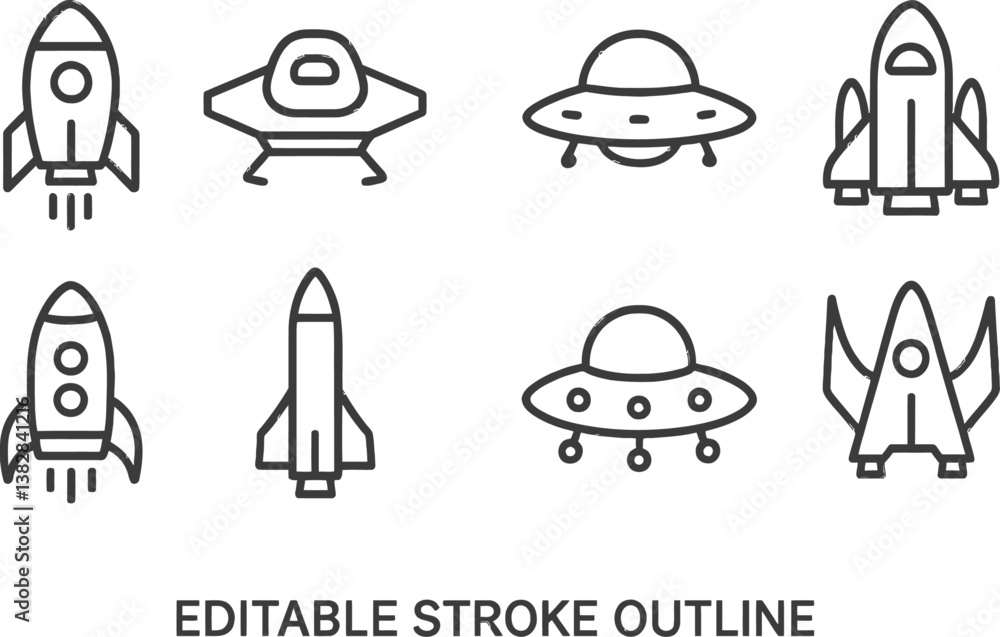 Aufkleber vector illustration line icons depicting rockets and ufos in various designs and orientations suitab