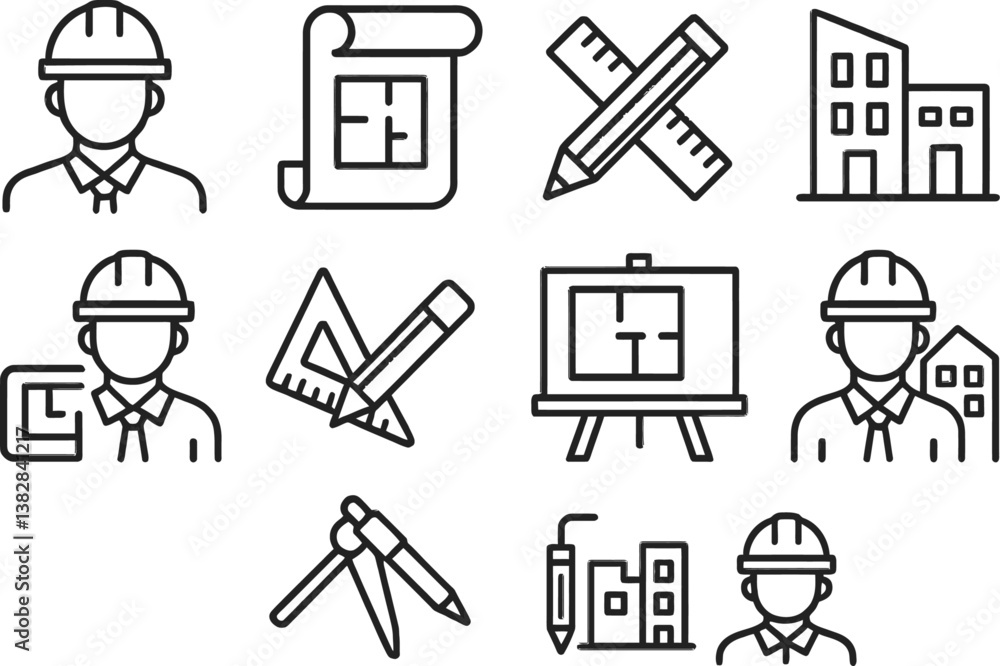 Poster vector illustration of construction icons depicting architects and engineers engaged in design and p