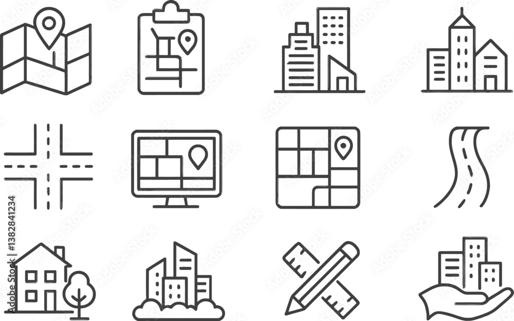 Aufkleber Vector illustration of line icons representing urban planning and navigation concepts for efficient city development and design