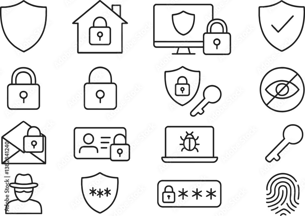 Poster Collection of vector line icons depicting various security concepts in digital and physical safety