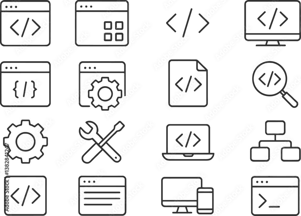 Aufkleber Vector illustration of line icons representing coding, web development, and programming tools with various devices