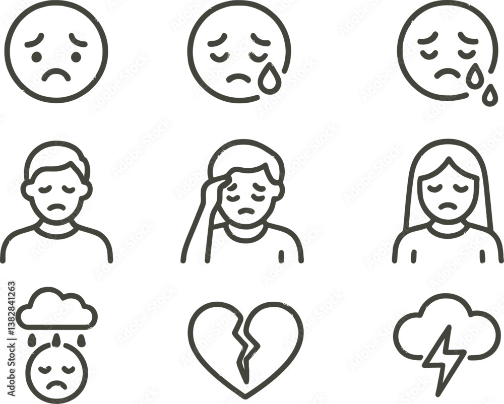 Poster emotional expression vector line icons illustrating various feelings such as sadness, heartbreak, an