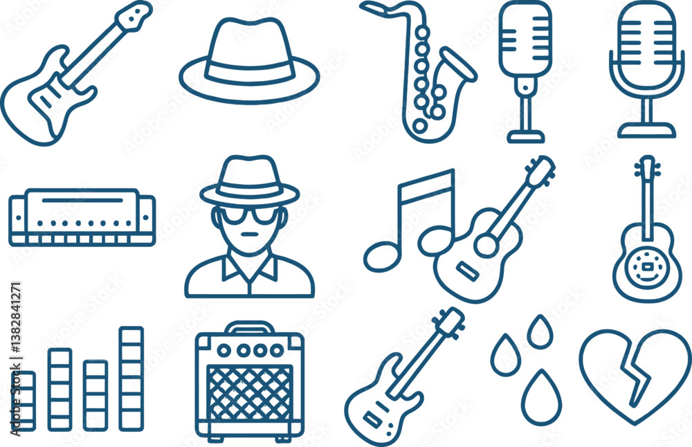 Poster music-themed vector illustration featuring instruments and icons of performance and creativity