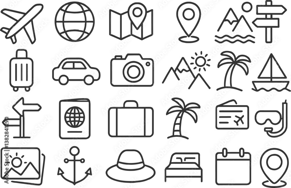 Poster vector illustration of travel-related line icons showcasing activities and essentials for various ad