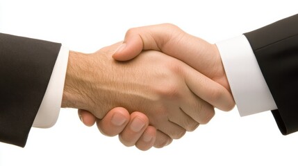Close-up of Handshake Between Two Businessmen in Dark Suits with White Shirts Against a White Background