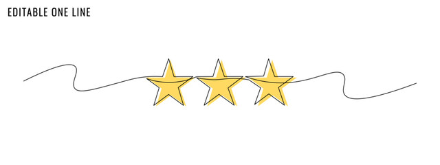 One continuous line drawing of three stars. A rating, quality and customer review concept. Editable stroke, simple doodle design, vector illustration