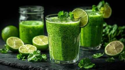 Vibrant green smoothie with lime and cilantro.  Fresh, healthy, and delicious