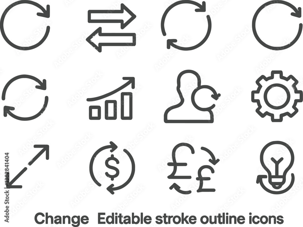 Poster Vector illustration of change icons representing various concepts like finance, growth, and collaboration in a linear style