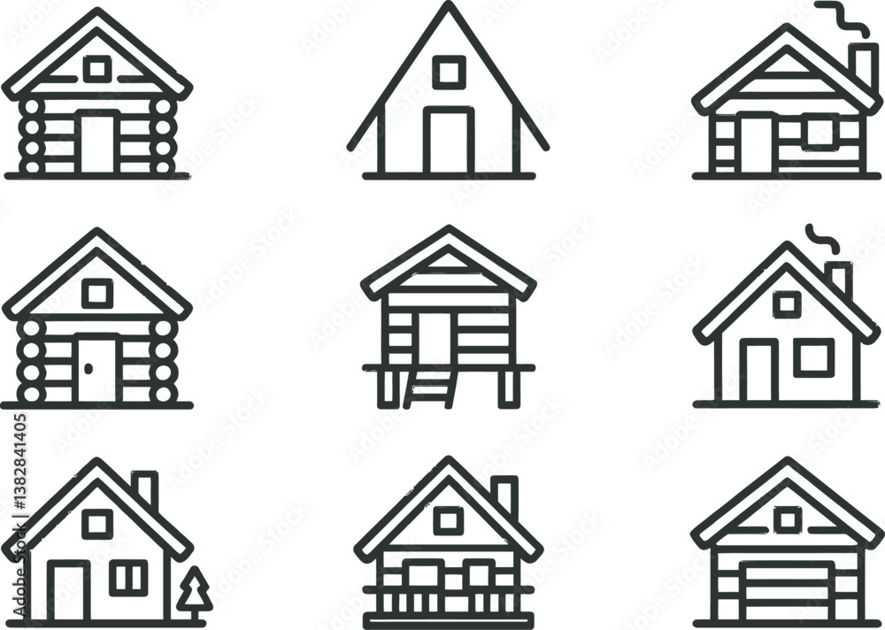Poster various vector illustrations of cabin and house designs in minimalistic line art style suitable for 