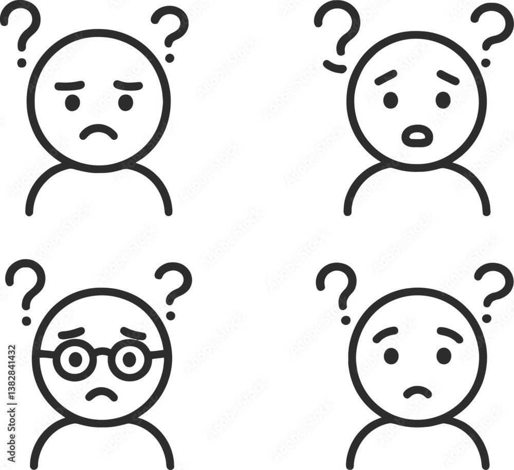 Poster collection of vector illustrations depicting confused and questioning expressions with various emoti