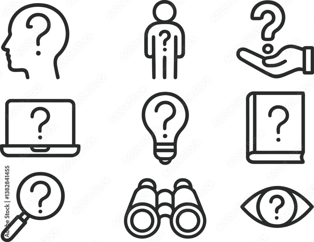 Poster Vector illustration of various icons representing curiosity and inquiry in different contexts
