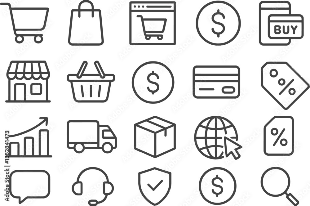 Poster vector illustration of line icons representing various elements of e-commerce and online shopping
