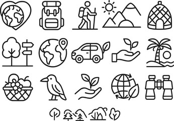 Vector illustration of line icons representing nature, travel, and exploration activities for modern lifestyle designs