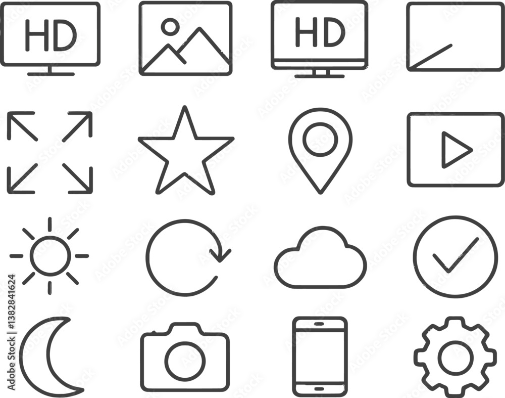 Poster Vector illustration of line icons representing various multimedia elements and activities for digital design