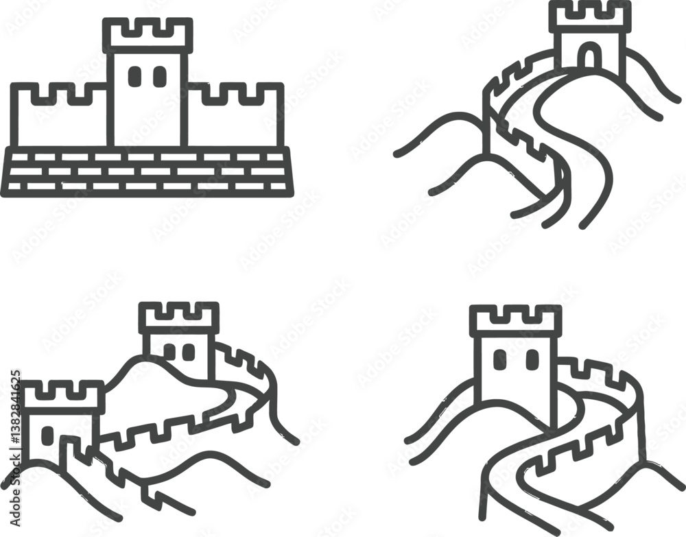 Poster line icons showcase a medieval castle and a winding wall along hills representing historical archite
