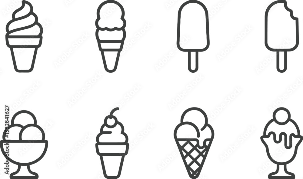 Poster Collection of vector line icons featuring various ice cream types and desserts for graphic design and illustration purposes