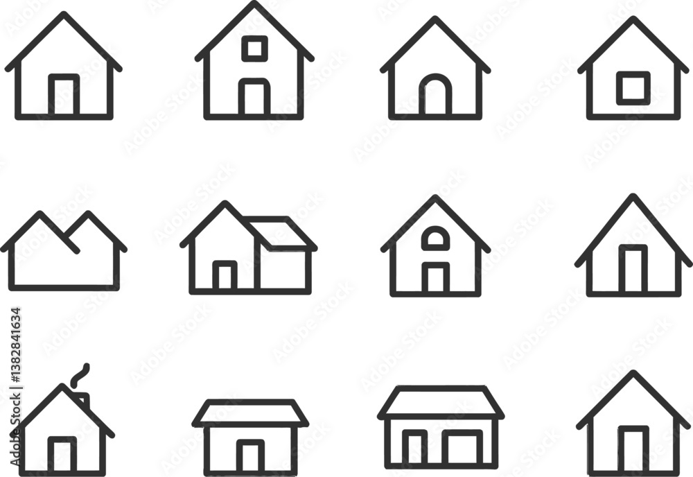 Poster collection of vector illustration line icons depicting various house designs for architecture and ho