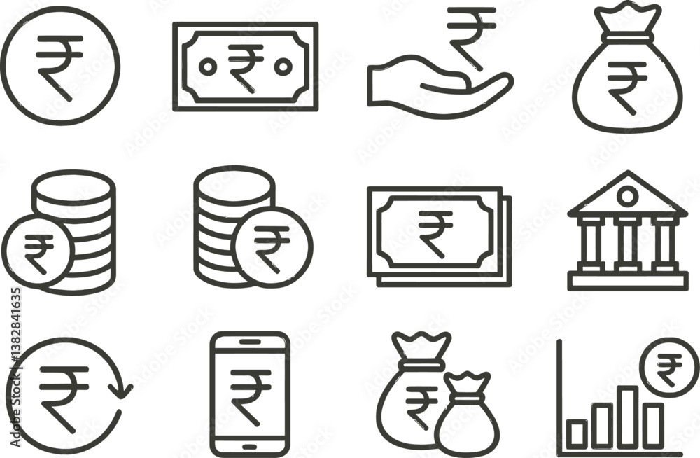 Aufkleber line icons illustrating financial concepts including currency, banking, and transactions in a minima