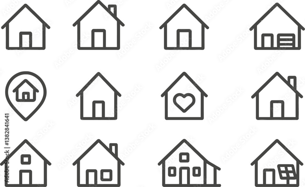 Poster vector illustration featuring line icons of various house designs, highlighting distinct styles and 