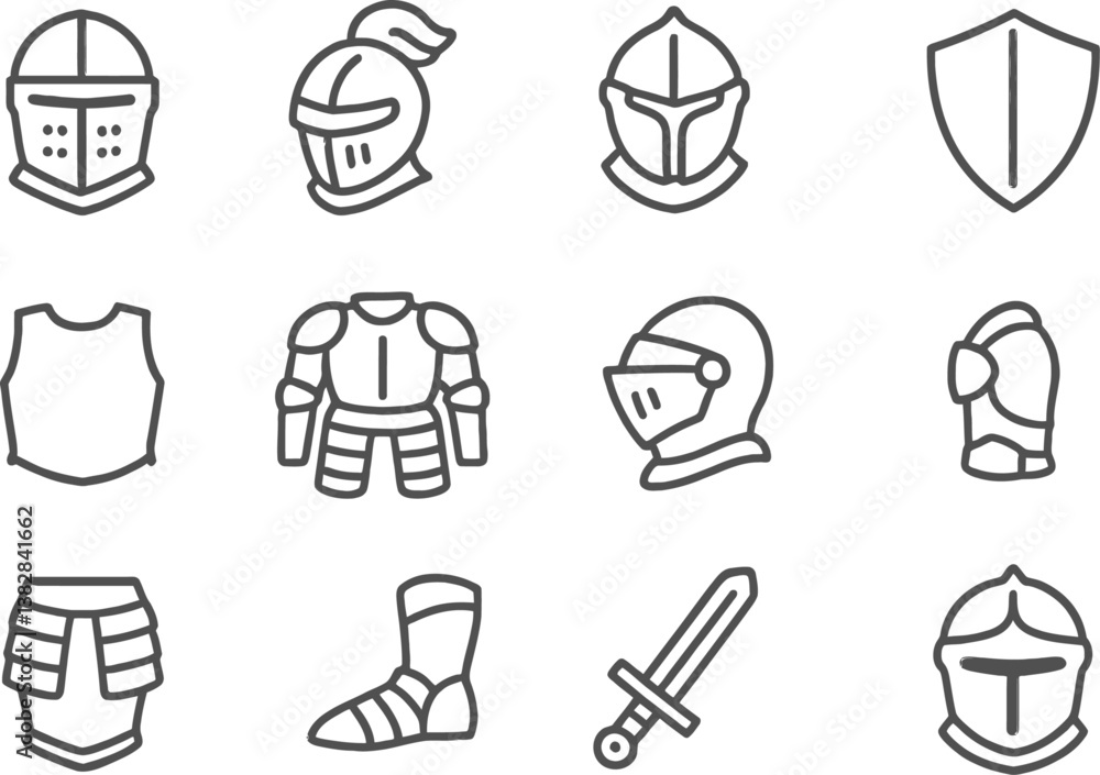 Poster vector illustration of line icons depicting various medieval knight armor elements and weapons in a 
