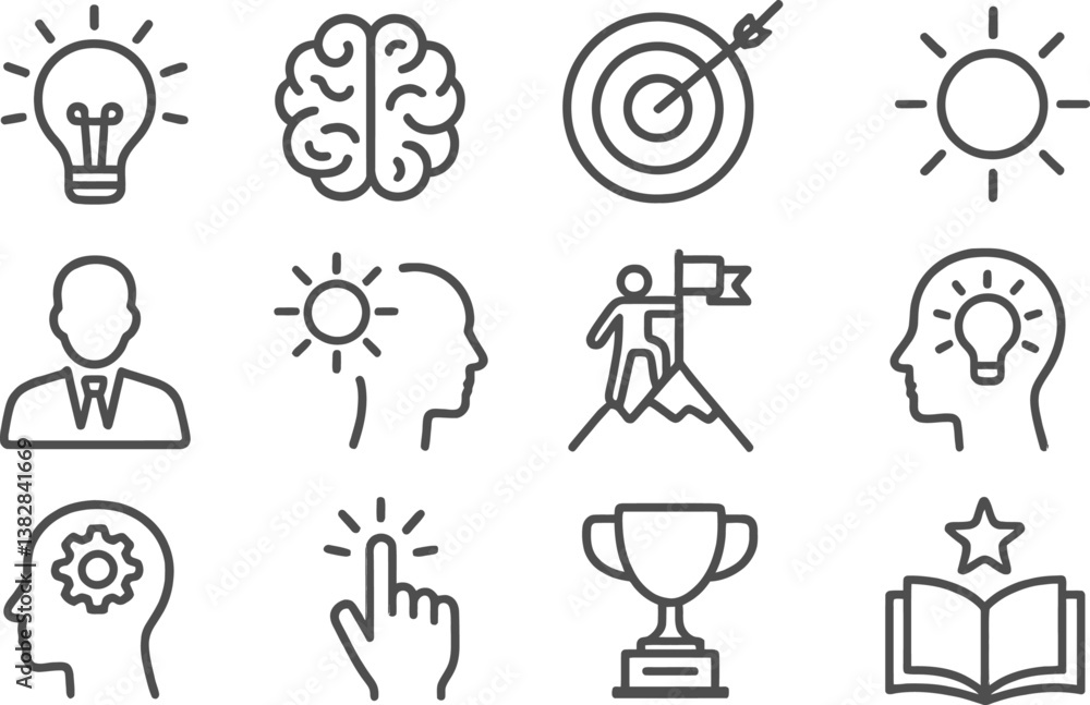 Aufkleber vector illustration of line icons representing creativity, achievement, and knowledge in various for
