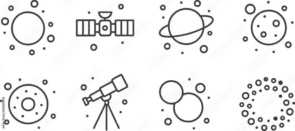 Poster vector illustration of line icons depicting various celestial objects, space exploration tools, and 