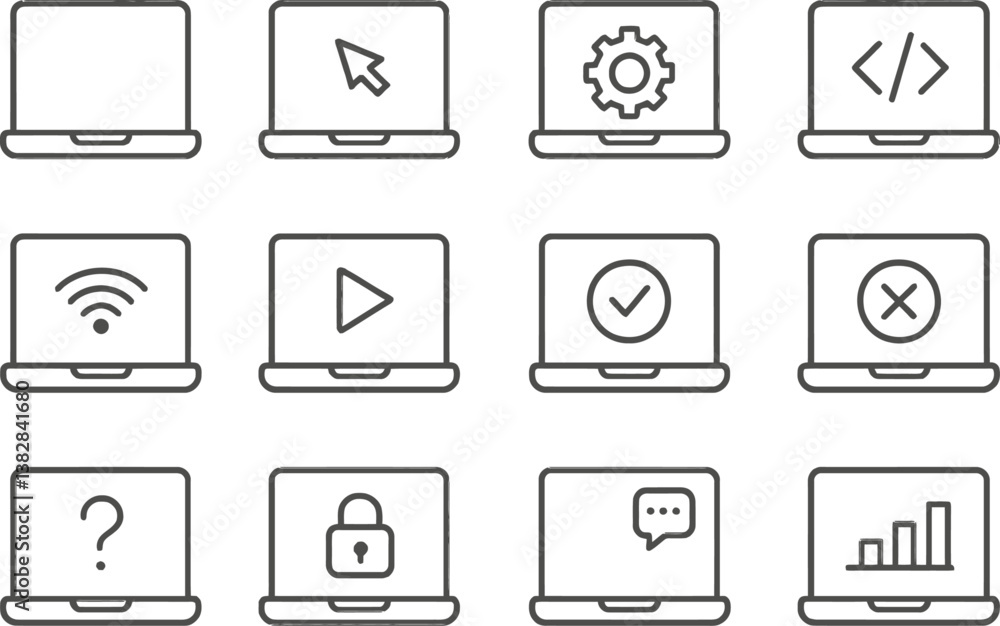 Aufkleber Vector illustration of line icons representing technology, digital activities, and user interface elements in a grid layout