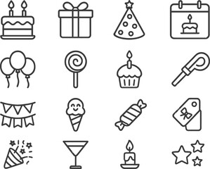 Celebrate special occasions with fun vector line icons for parties and events featuring cakes, balloons, and gifts