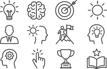 Vector illustration of line icons representing creativity, achievement, and knowledge in various forms