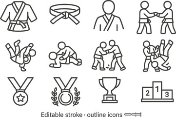 Vector illustration of martial arts icons featuring belts, trophies, and training poses in a competitive environment