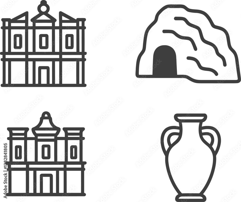 Poster explore historical landmarks and artifacts through vector illustration line icons showcasing archite