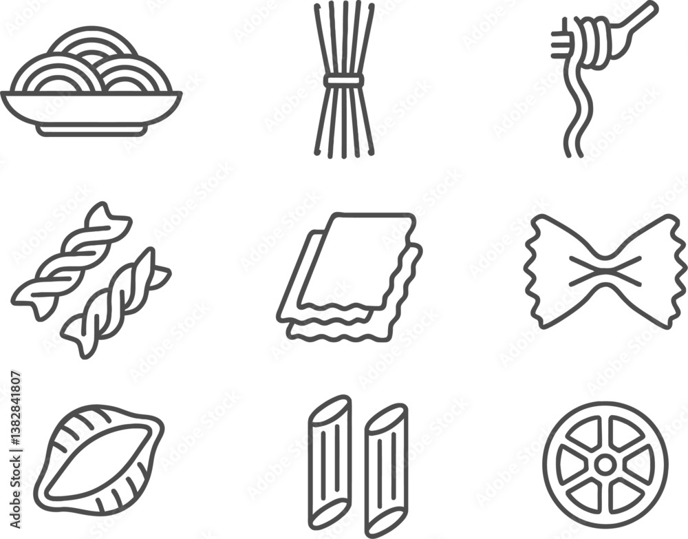 Poster various line icons showcasing different types of pasta and related culinary elements in a minimalist