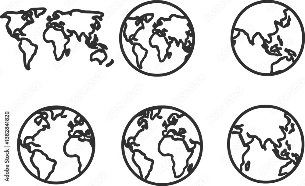 Fototapete Unique collection of vector line icons depicting various representations of the globe and world maps for multiple uses